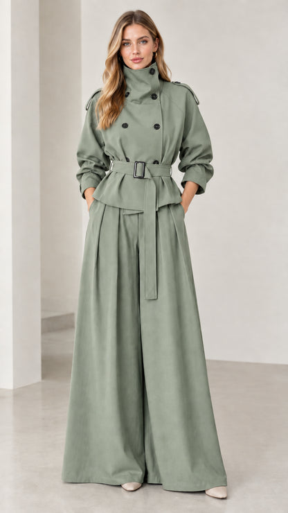 Full-length view of sage green two-piece belted trench and wide-leg pant set