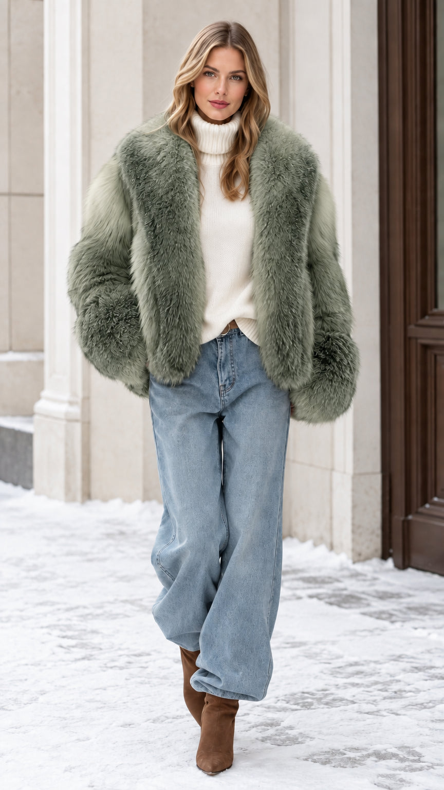Front view of model wearing a sage green faux fur winter coat in snowy outdoor setting
