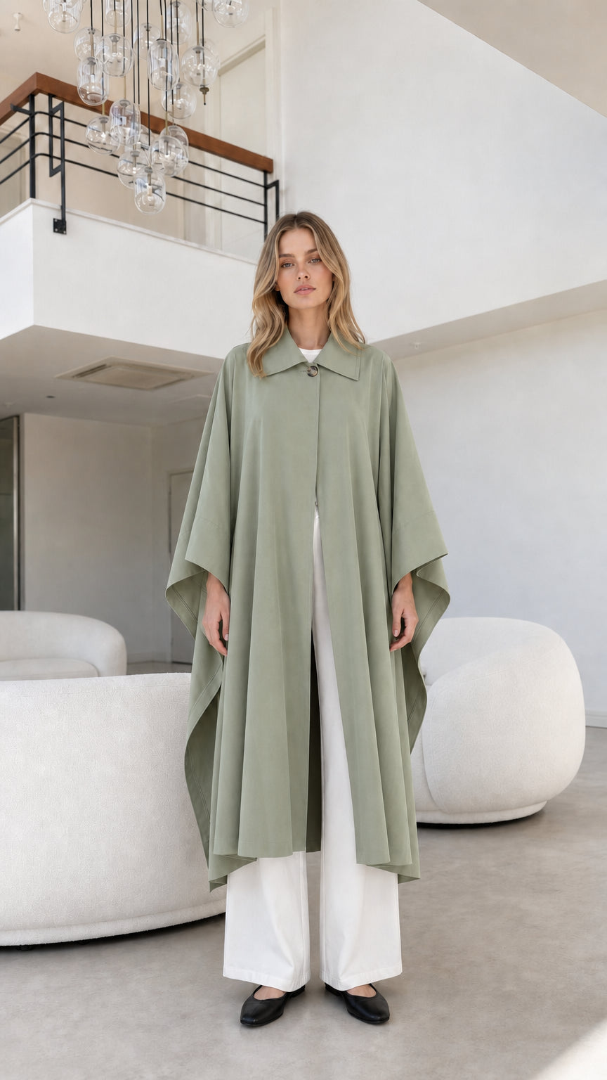 Full front view of model wearing sage green elegant longline cape coat
