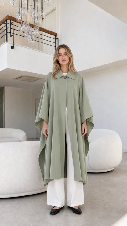 Full front view of model wearing sage green elegant longline cape coat