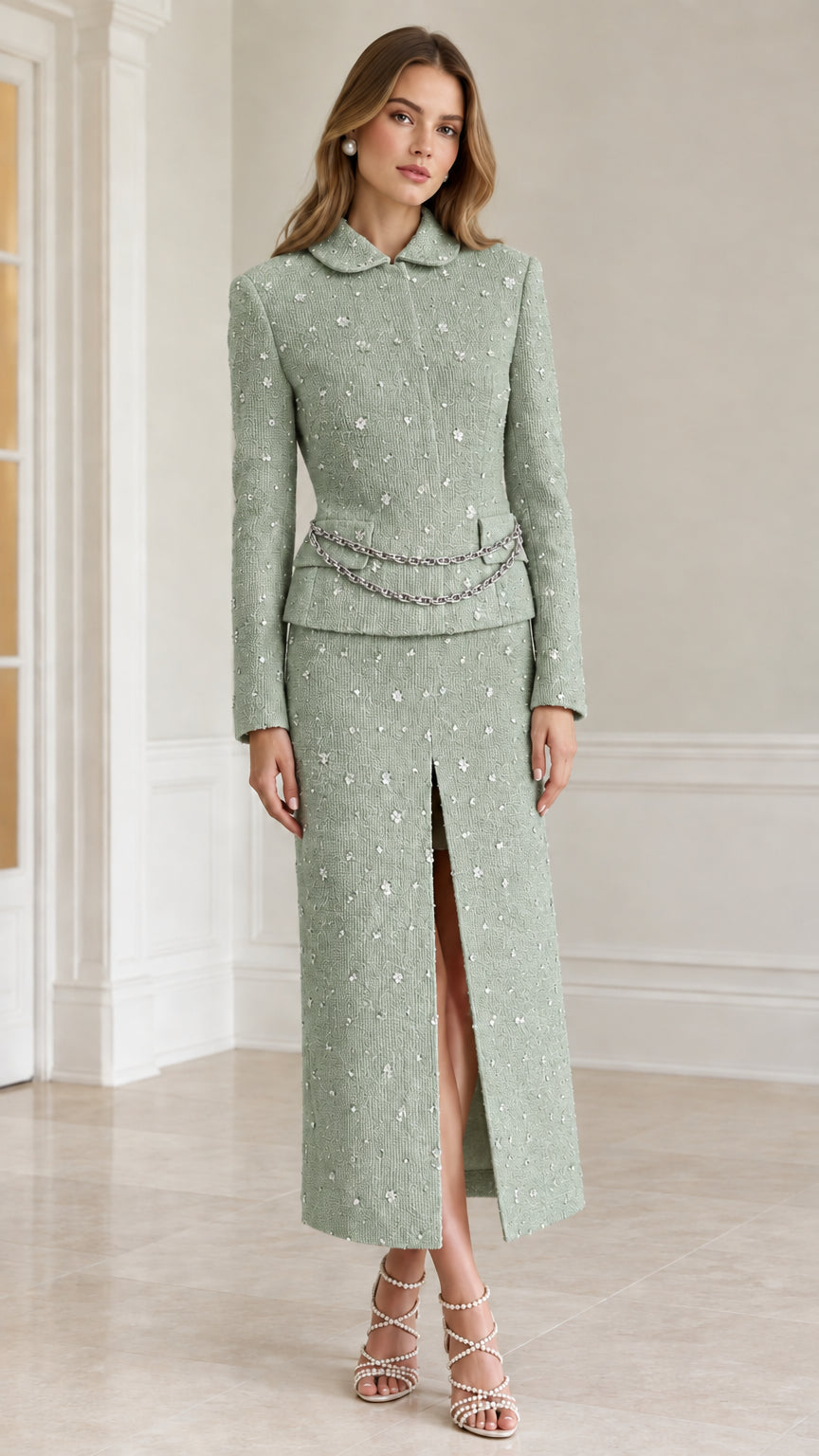 Sage green embellished tweed blazer and maxi skirt two-piece set