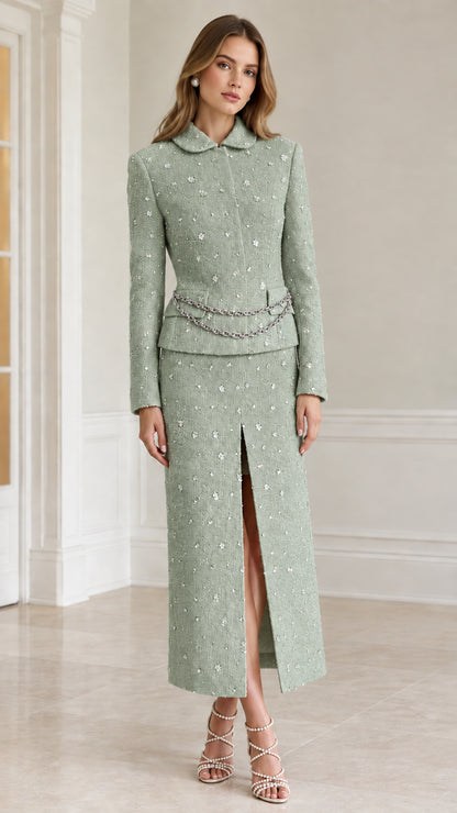 Sage green embellished tweed blazer and maxi skirt two-piece set