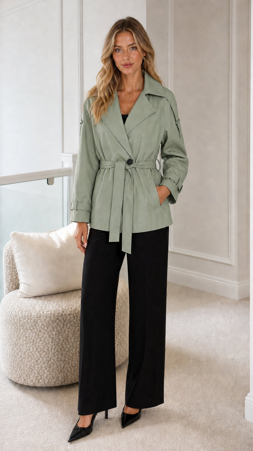Model wearing sage green short belted trench jacket with wide lapels
