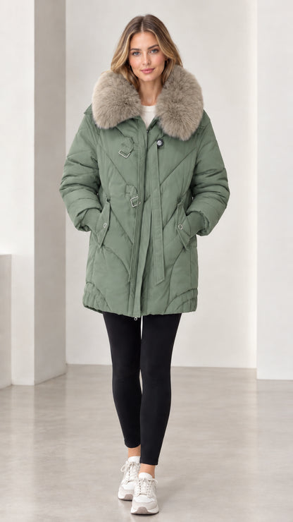 Front full-length view of model wearing sage green faux fur collar quilted parka coat