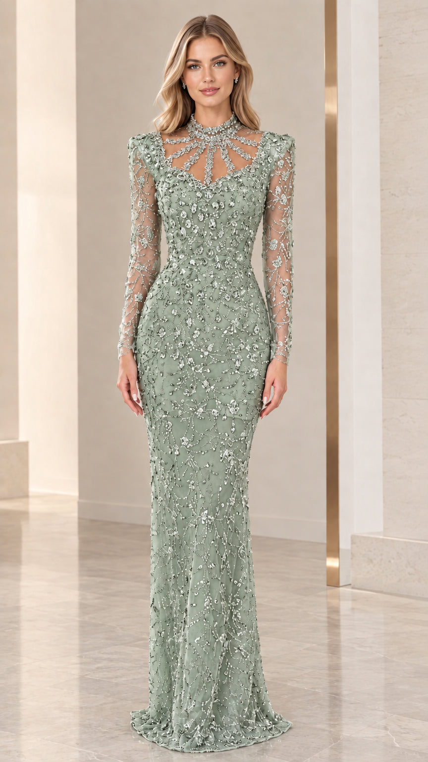 Front view of sage green embellished evening gown with illusion collar
