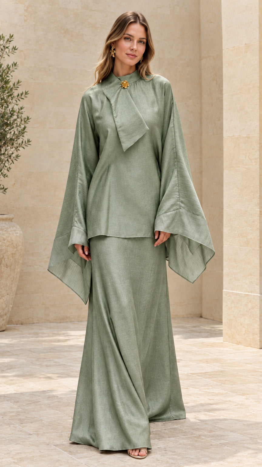 Model wearing sage green elegant draped tunic top and maxi skirt set