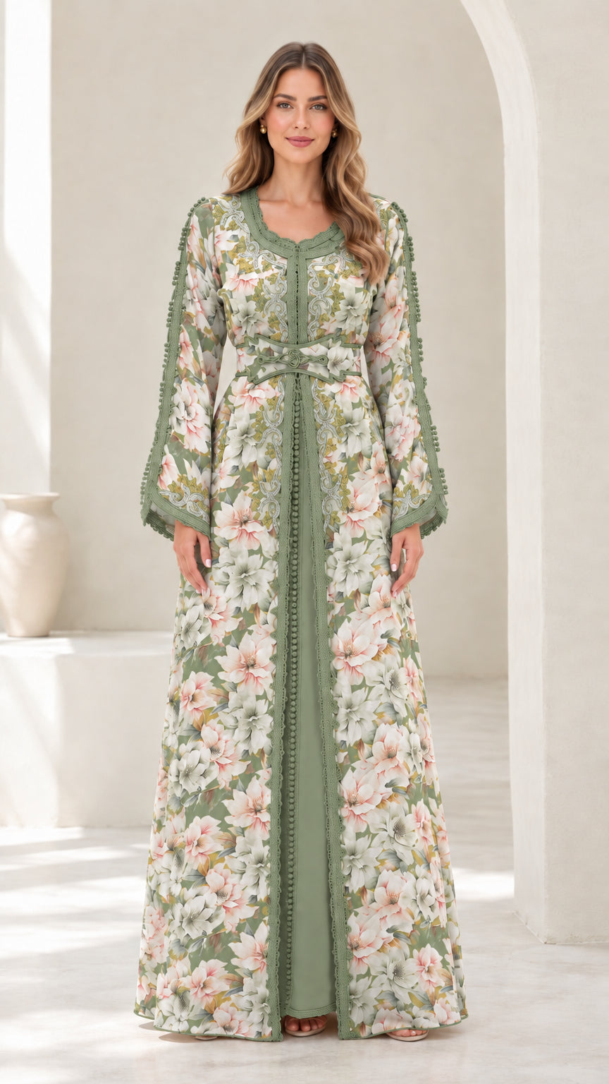 Full-length view of sage green floral embroidered Moroccan maxi dress