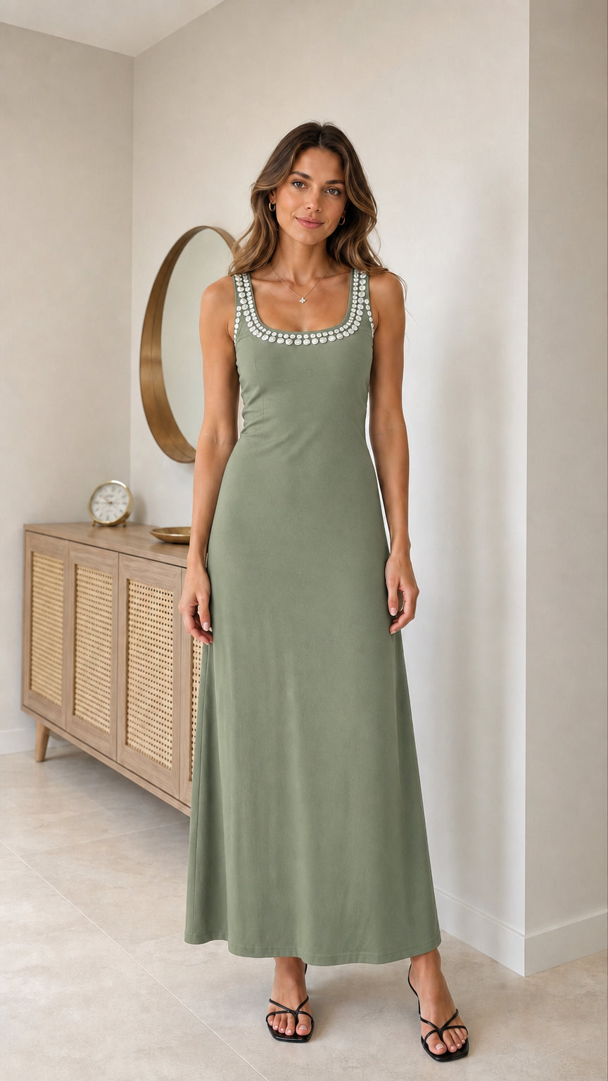 Full view of model wearing sage green sleeveless rhinestone maxi dress