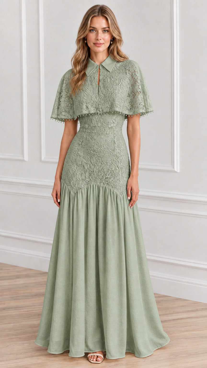 Front view of sage green lace capelet formal maxi dress