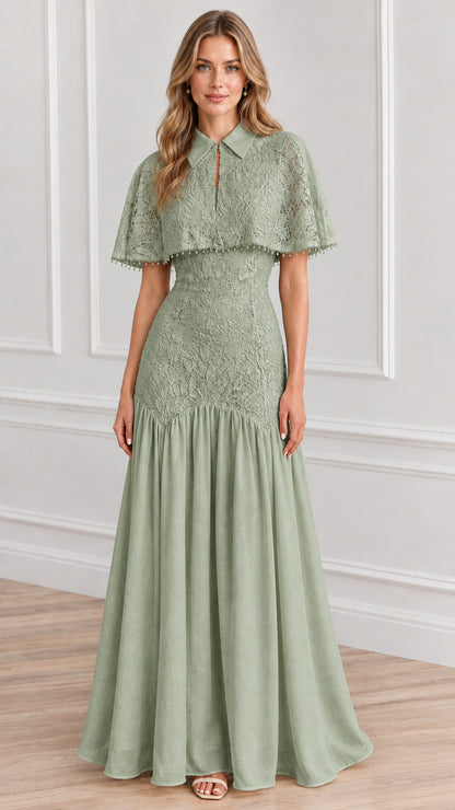 Front view of sage green lace capelet formal maxi dress