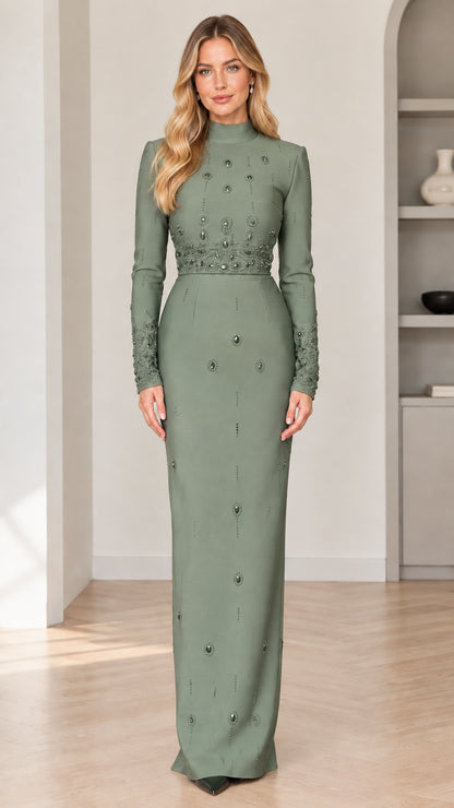 Front view of model wearing sage green mock neck long sleeve beaded maxi evening dress