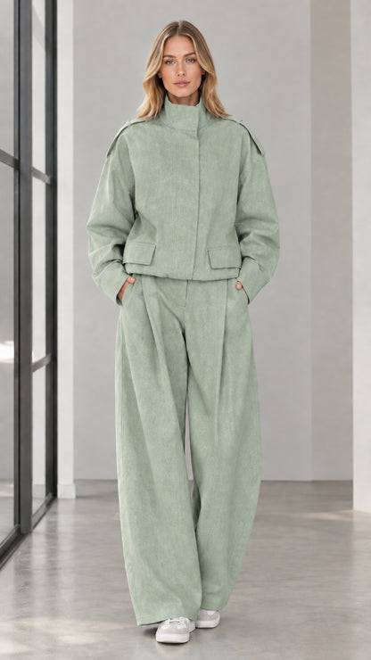Full front view of woman wearing Sage Green cropped jacket and wide leg trousers set