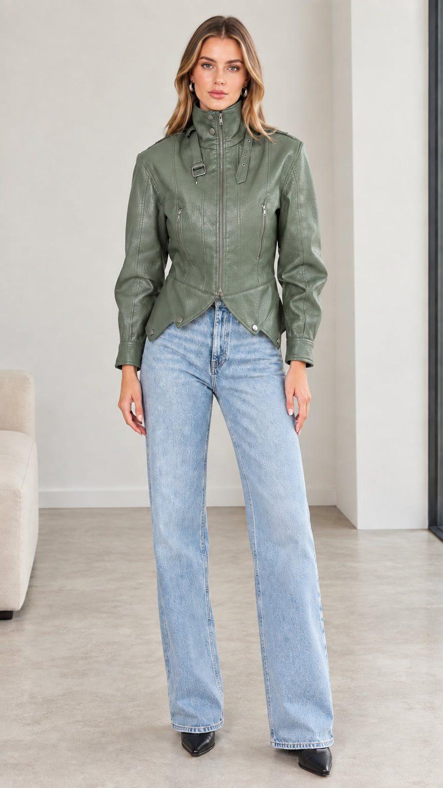 Front view of model wearing sage green faux leather moto jacket