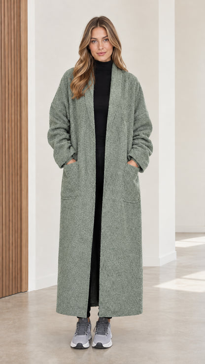 Full front view of women's sage green open-front maxi coat