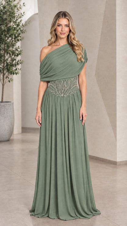 Sage Green one-shoulder pleated formal maxi gown with beaded midriff