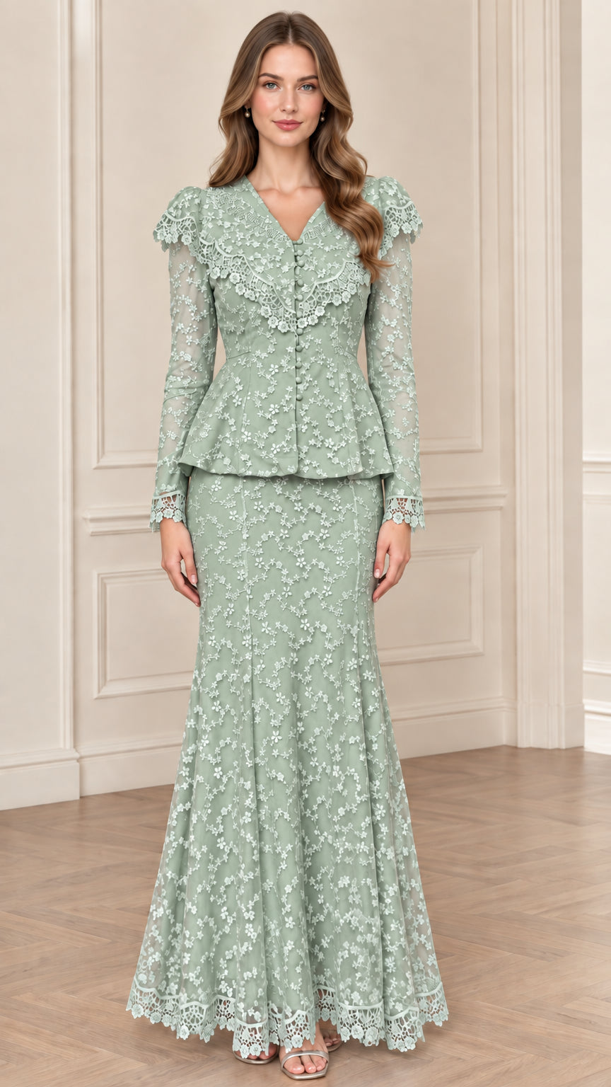 Sage Green floral lace peplum jacket and long skirt two-piece set
