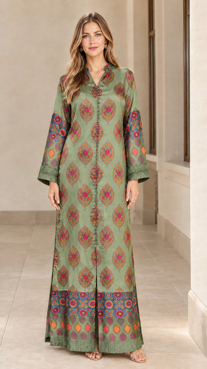 Front view of model wearing Sage Green bohemian print satin maxi dress