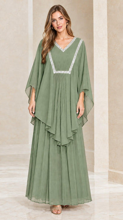 Sage green layered chiffon kaftan maxi dress with decorative trim