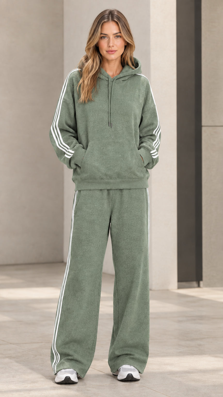 Model wearing sage green 2-piece striped hoodie and wide-leg sweatpants set