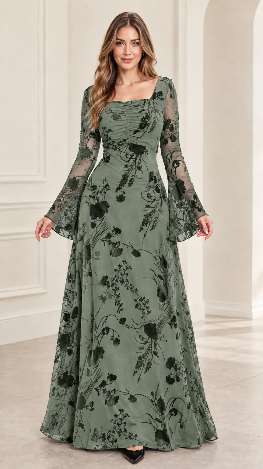 Front view of model wearing sage green floral burnout long sleeve maxi dress