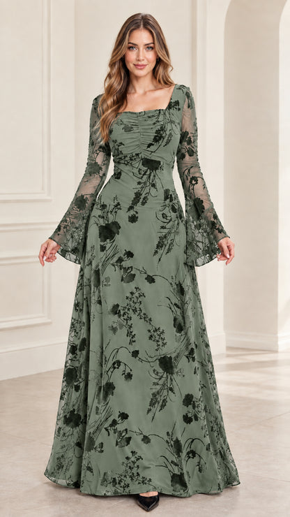 Front view of model wearing sage green floral burnout long sleeve maxi dress