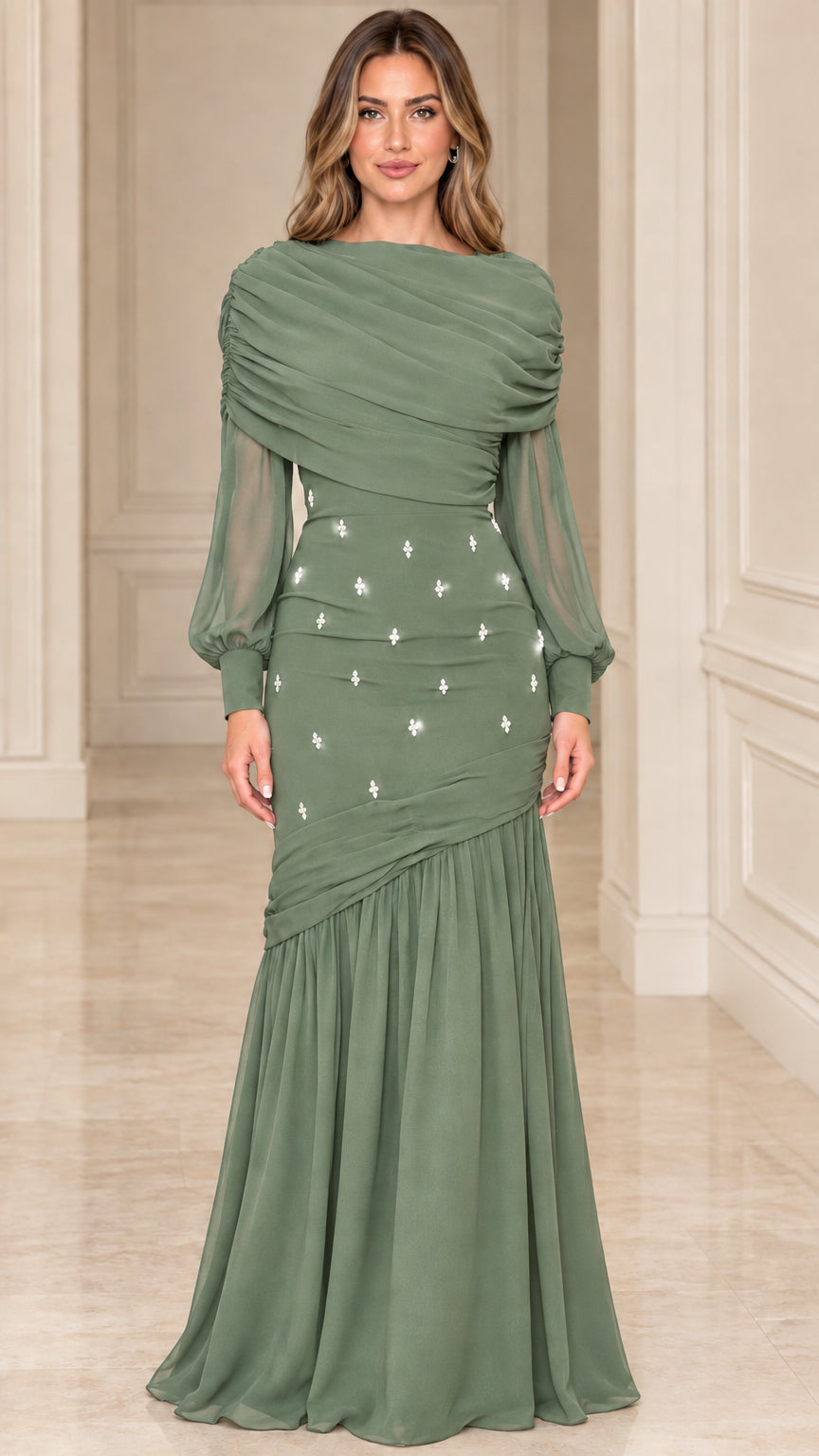 Model wearing sage green draped cowl neck formal maxi gown