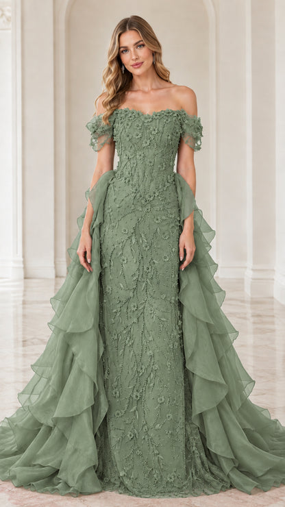 Sage green off-the-shoulder floral embroidered evening dress with dramatic train