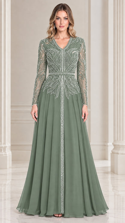 Sage green beaded long sleeve V-neck chiffon evening gown