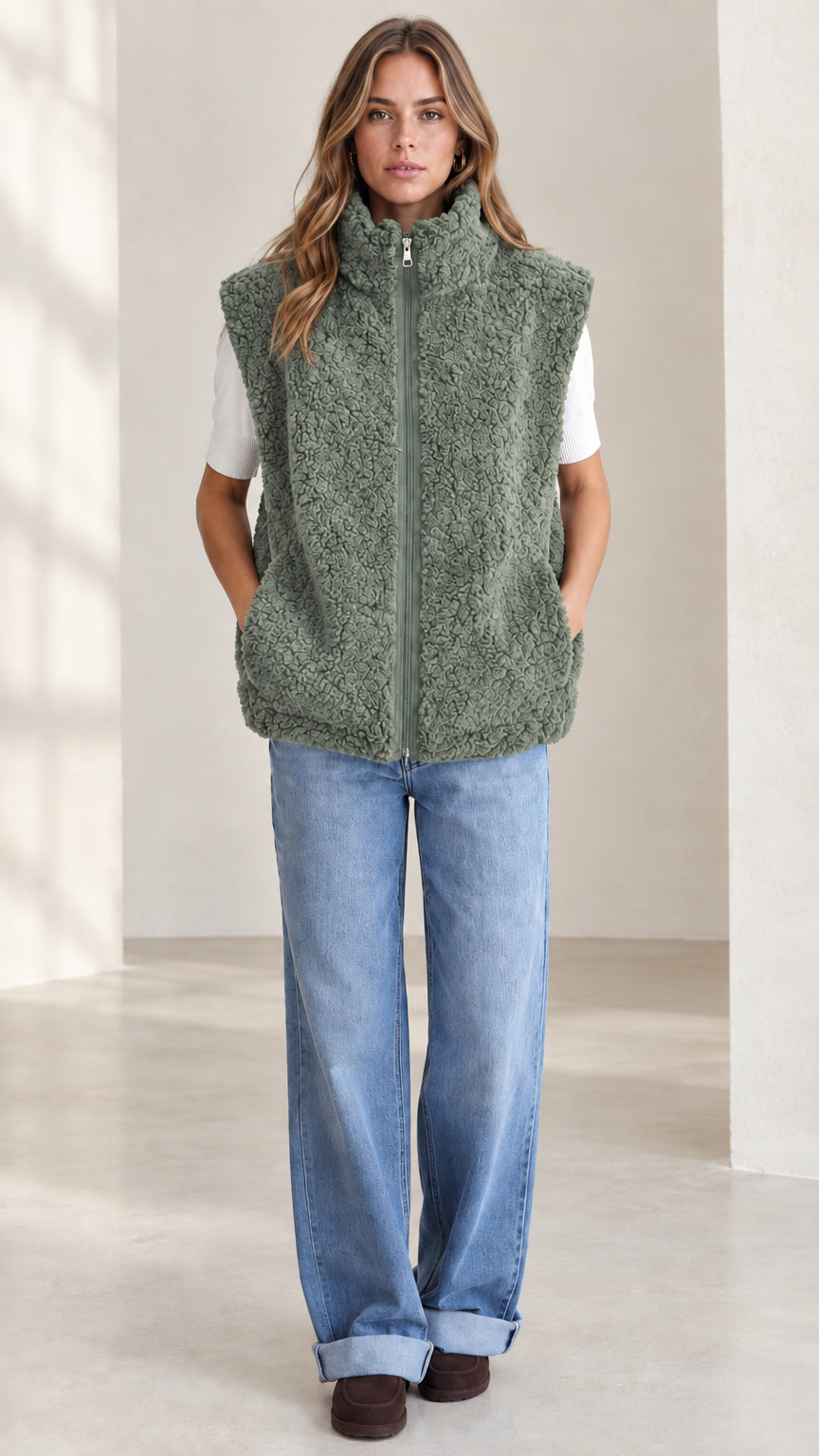 Front view of woman wearing sage green sherpa fleece zip-up vest