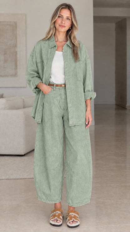 Women's relaxed two-piece button-front shirt and pants set in sage green