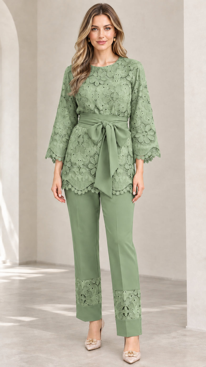 Sage green floral lace 2-piece belted tunic and trouser set