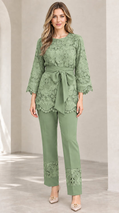 Sage green floral lace 2-piece belted tunic and trouser set