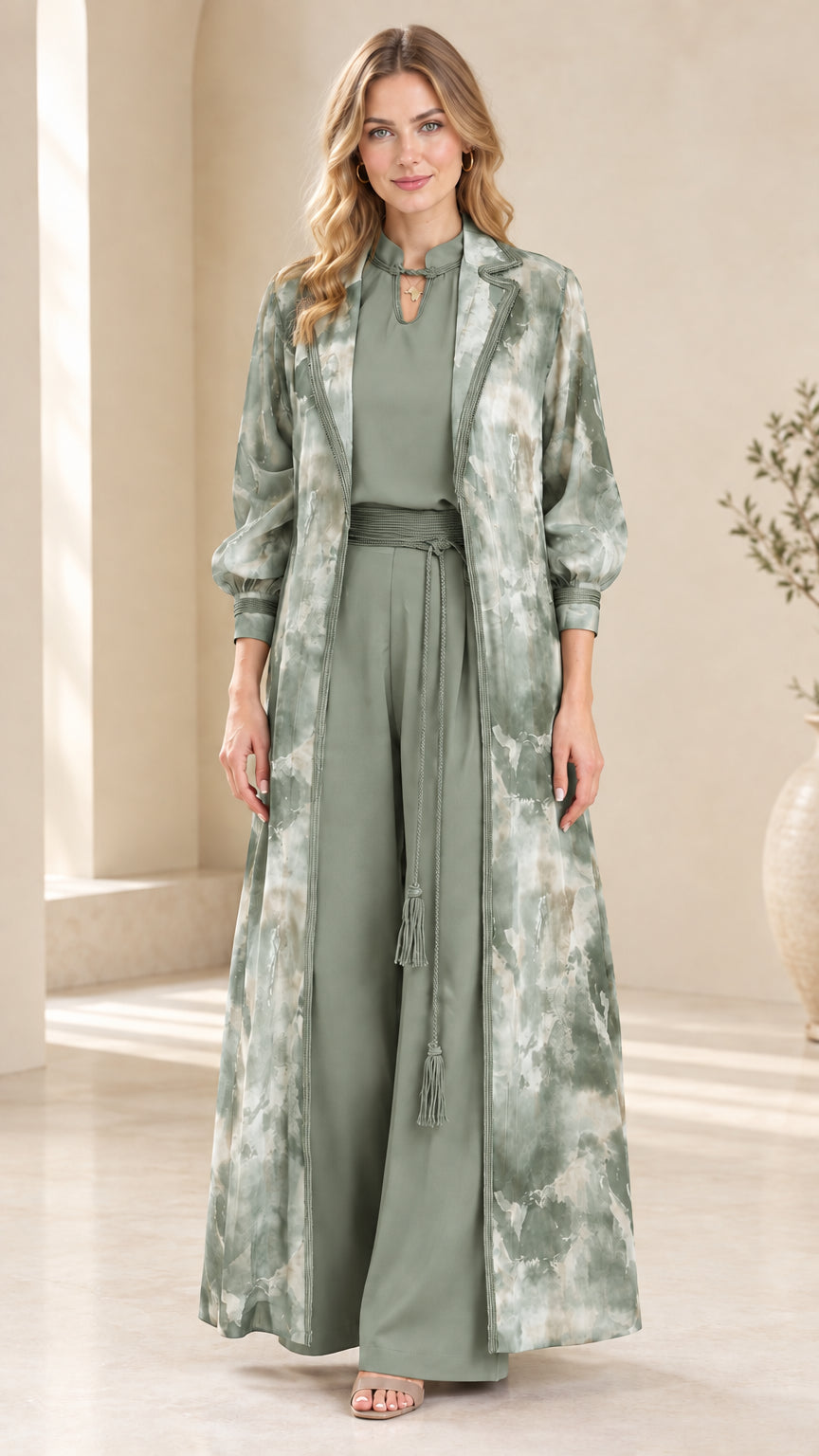 Front view of sage green watercolor duster and wide-leg pants set