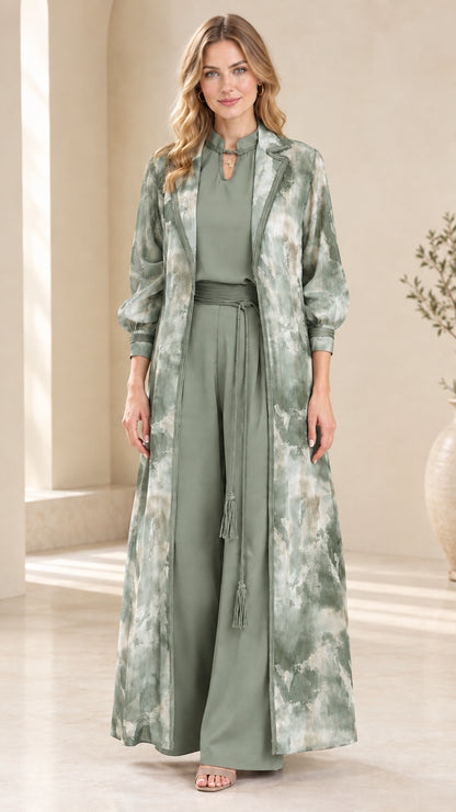 Front view of sage green watercolor duster and wide-leg pants set