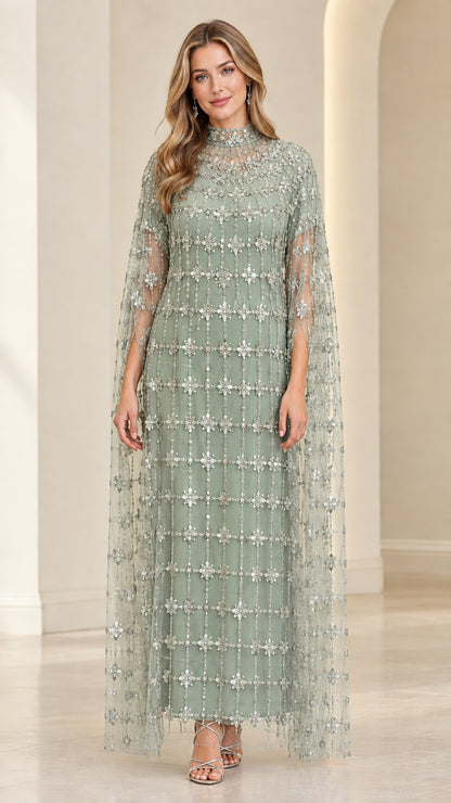 Front view of model in Sage Green beaded high-neck cape evening gown