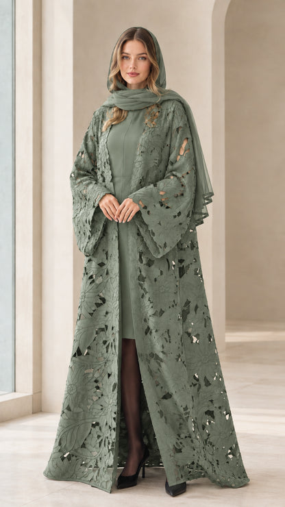 Front view of sage green floral embroidered cutout abaya set