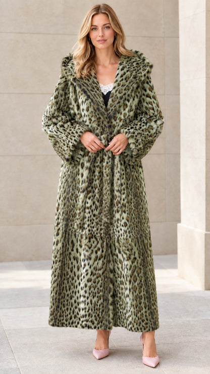 Full-length view of model wearing sage green leopard print hooded faux fur maxi coat