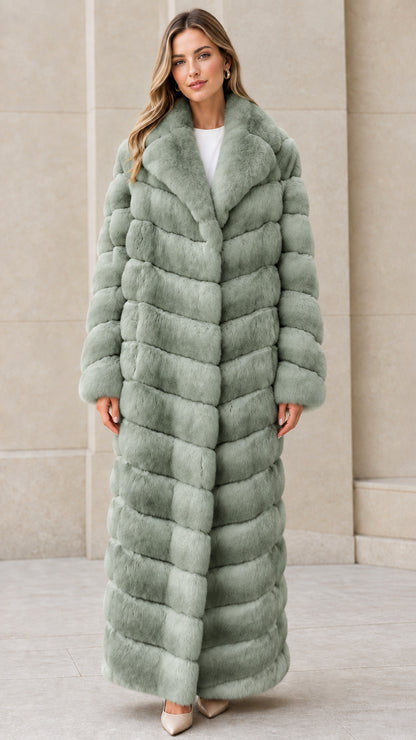 Front full-length view of model wearing Sage Green chevron maxi faux fur coat