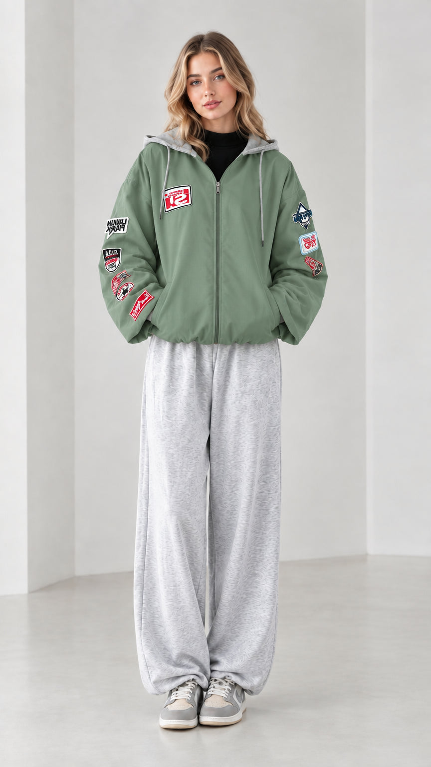 Front full view of sage green zip-up hooded bomber jacket with sleeve patches