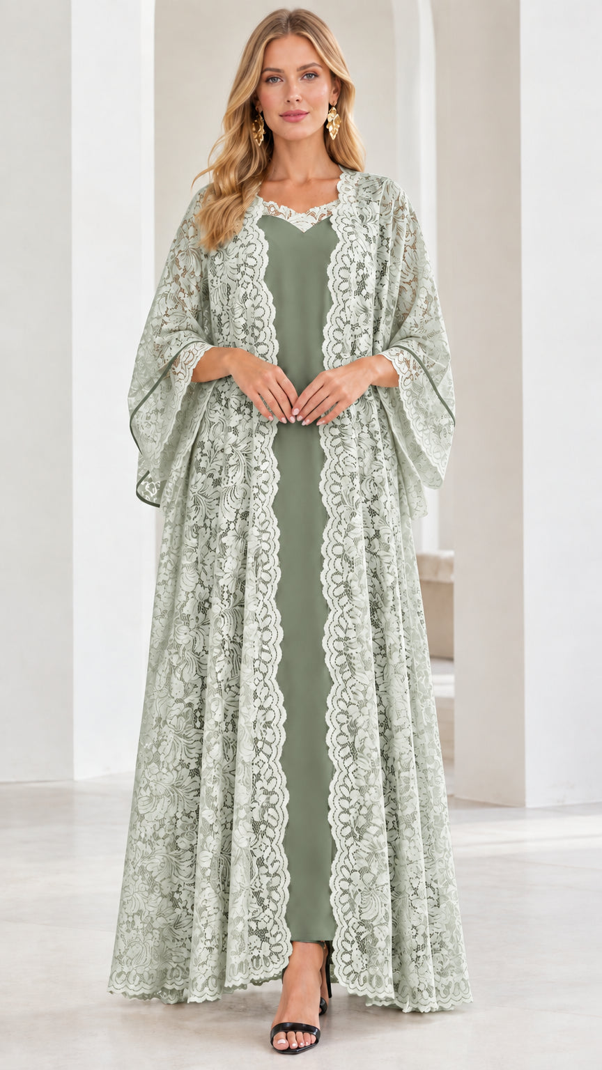 Model wearing sage green floral lace kimono duster and maxi dress set