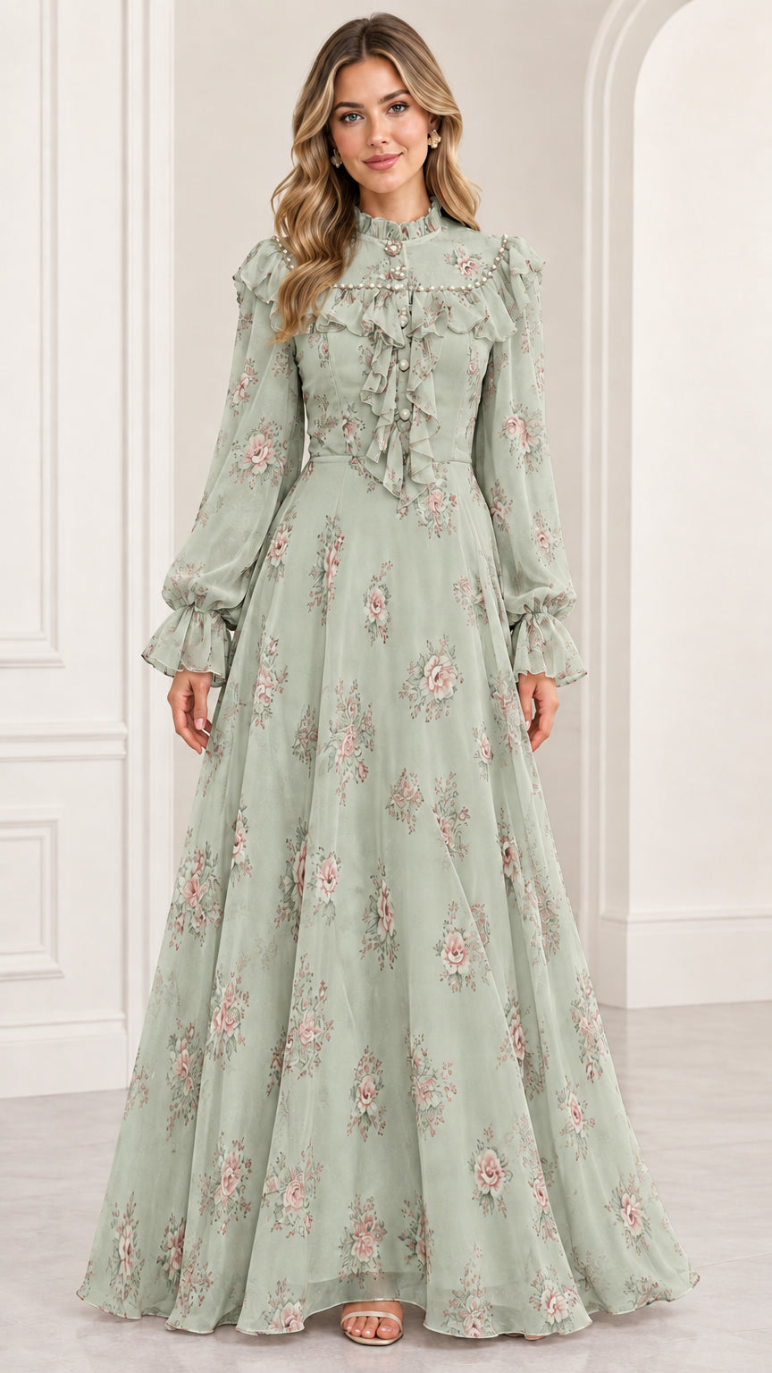 Full-length front view of woman wearing sage green floral high-neck long-sleeve maxi dress