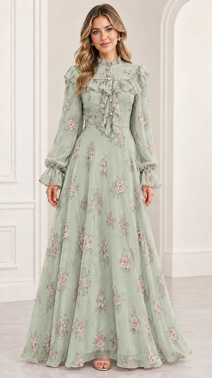 Full-length front view of woman wearing sage green floral high-neck long-sleeve maxi dress