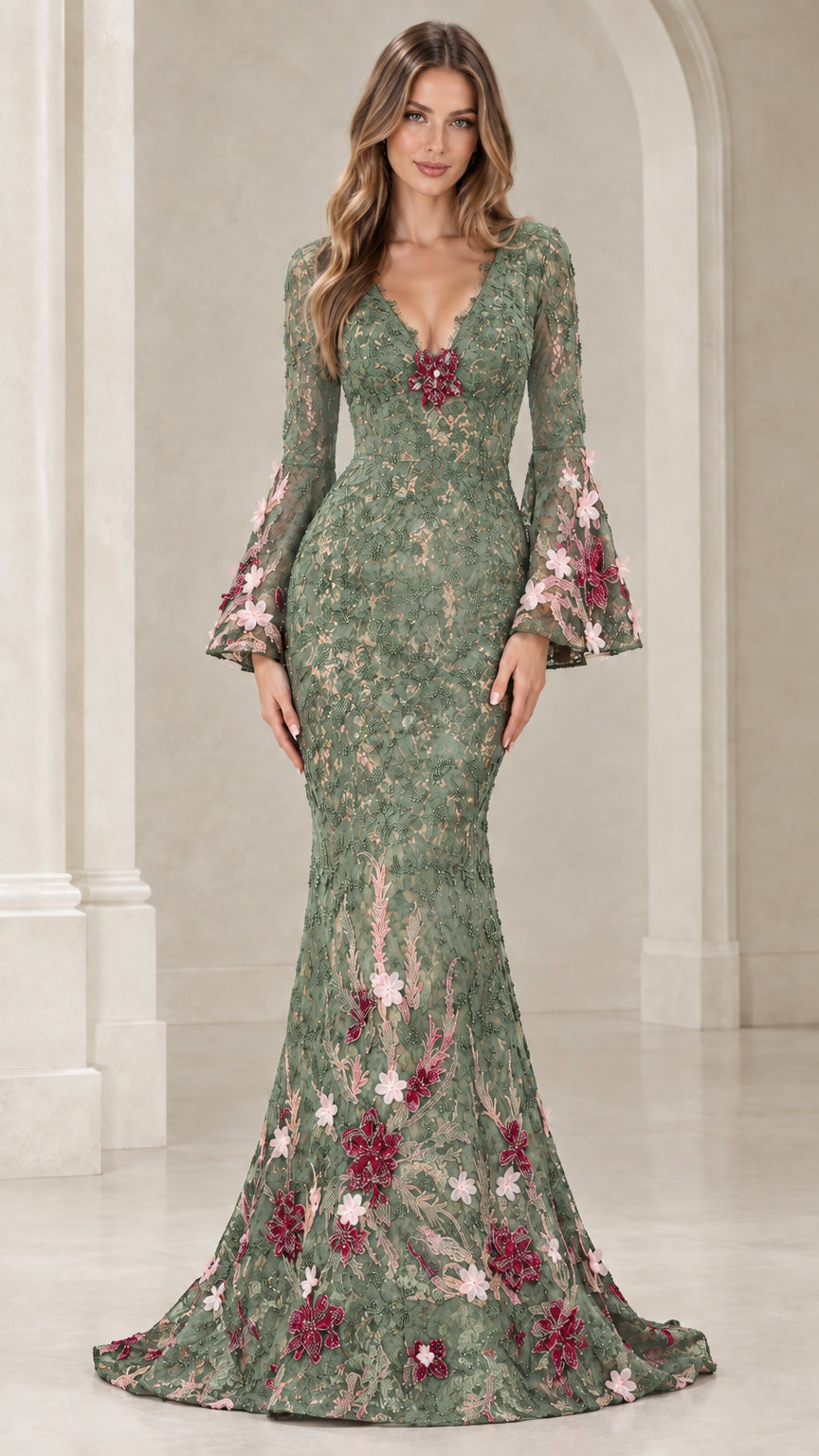 Sage Green embroidered lace mermaid formal gown with bell sleeves