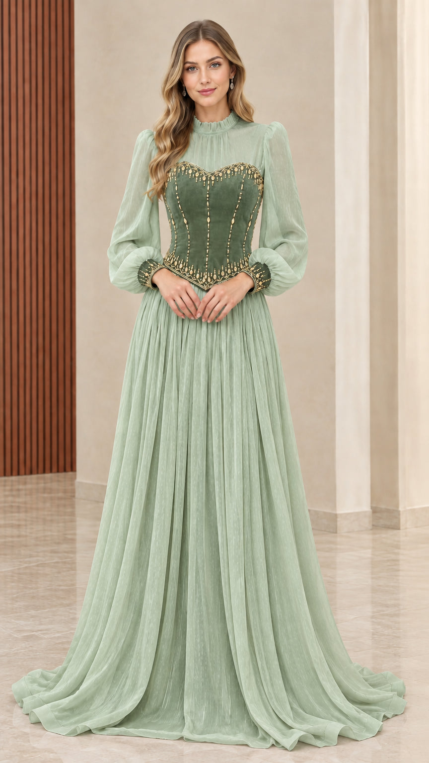 Model wearing sage green mock neck chiffon evening dress with matching corset bodice