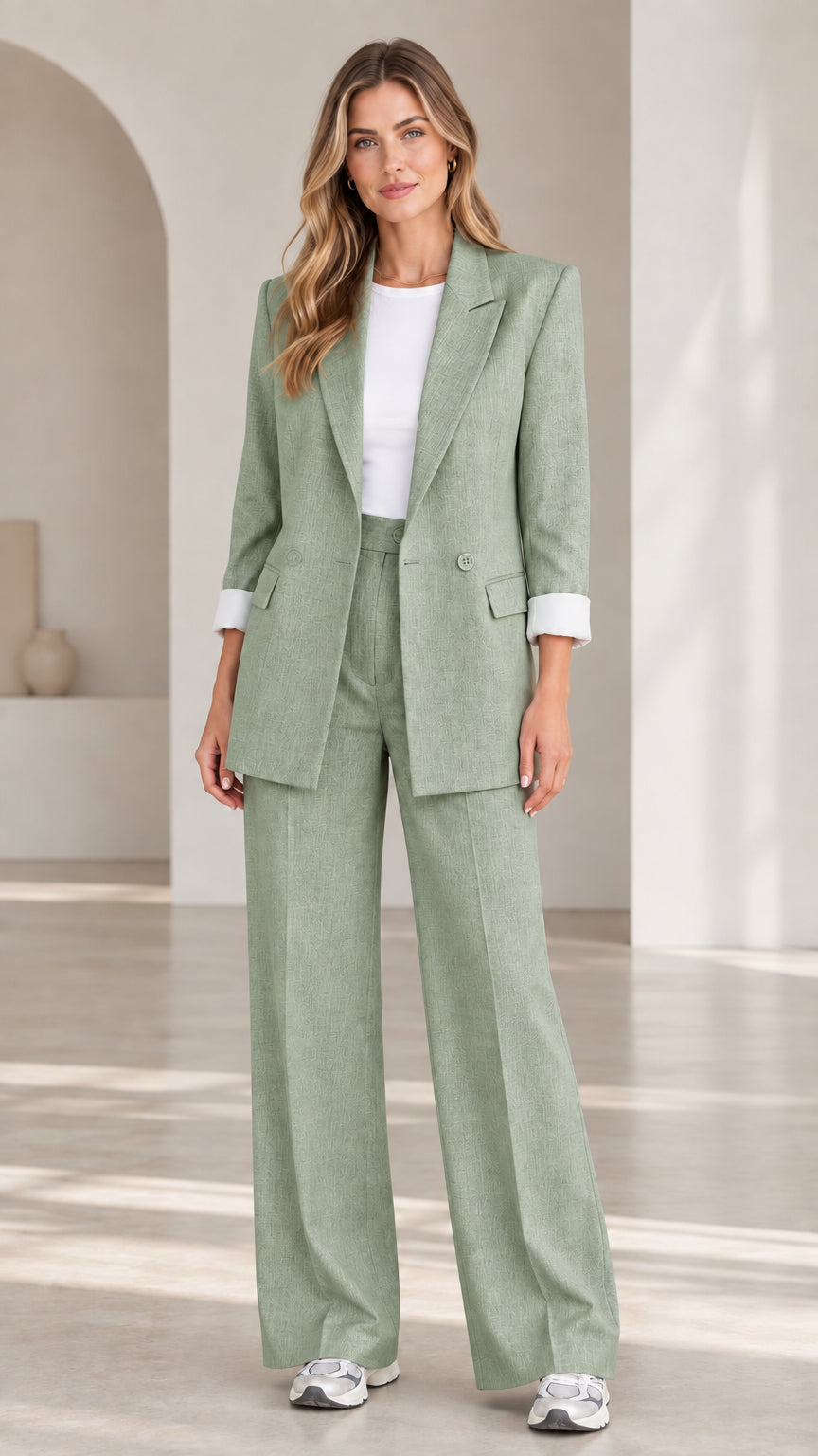 Full-length view of woman wearing Sage Green two-piece blazer and wide-leg pants suit set