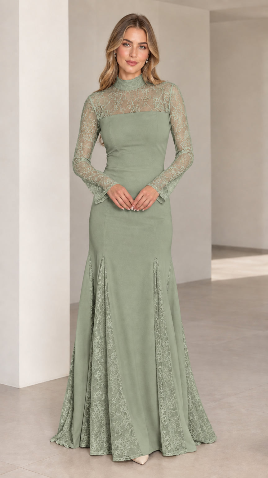 Front full-length view of sage green mock neck lace mermaid evening gown