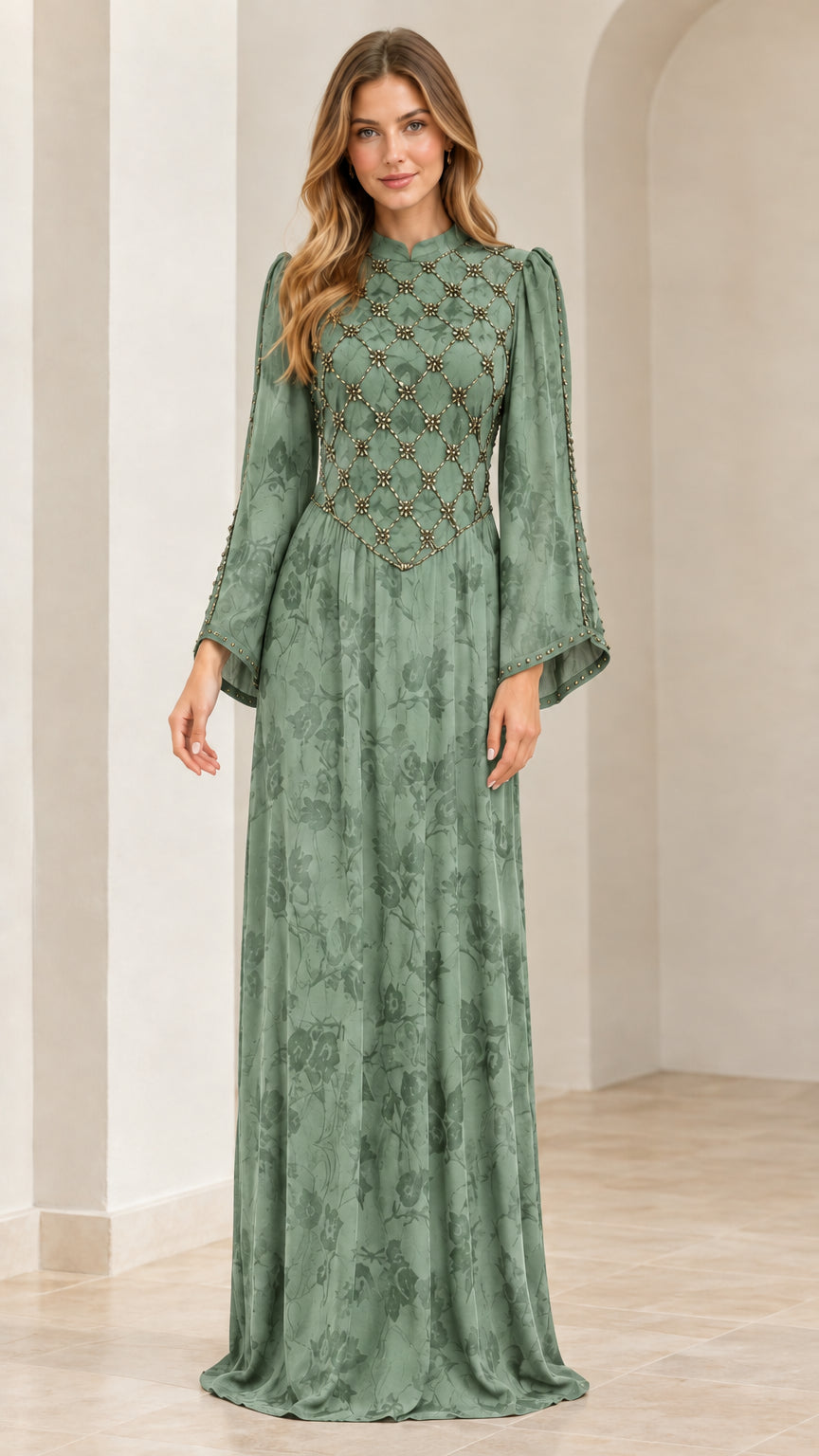 Sage Green flared sleeve beaded jacquard formal dress