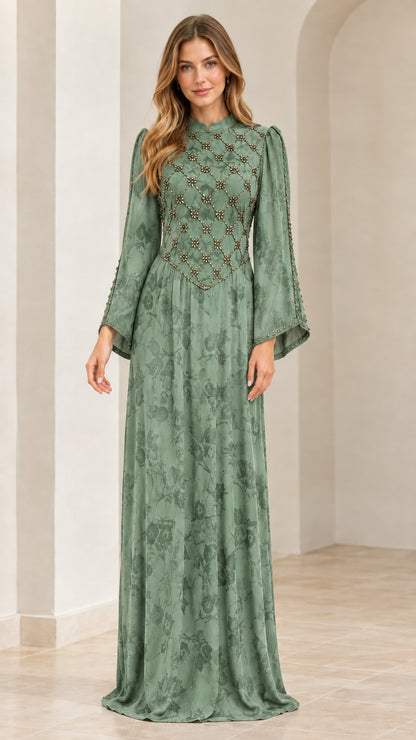 Sage Green flared sleeve beaded jacquard formal dress