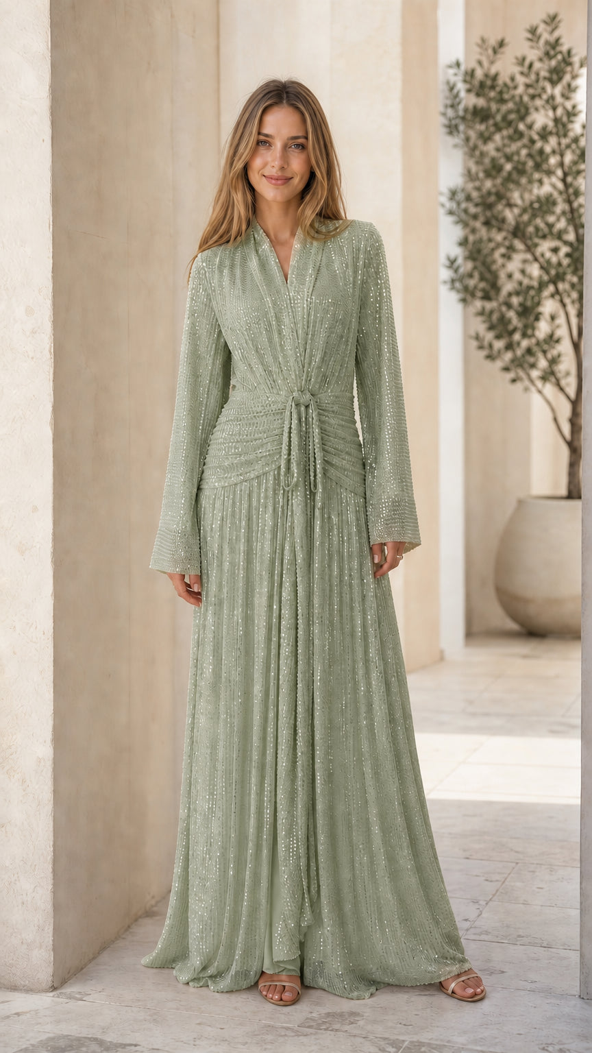 Sage green pleated shimmer long sleeve formal maxi dress