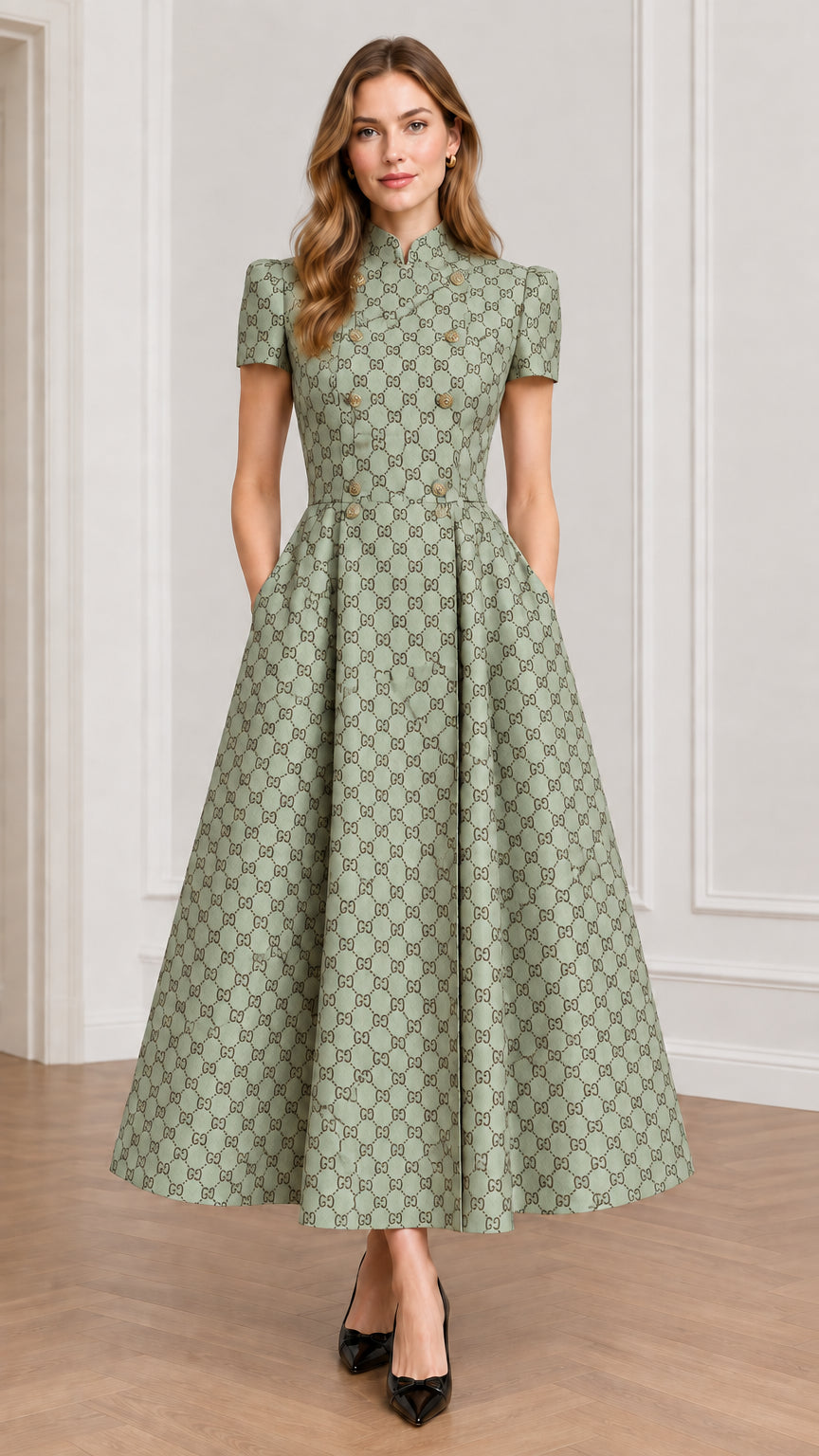 Model wearing sage green geometric jacquard stand collar midi dress with flared pleated skirt